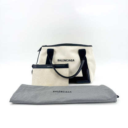 Balenciaga Navy Cabas Canvas with Leather, Black, Canvas, Tote Bag
