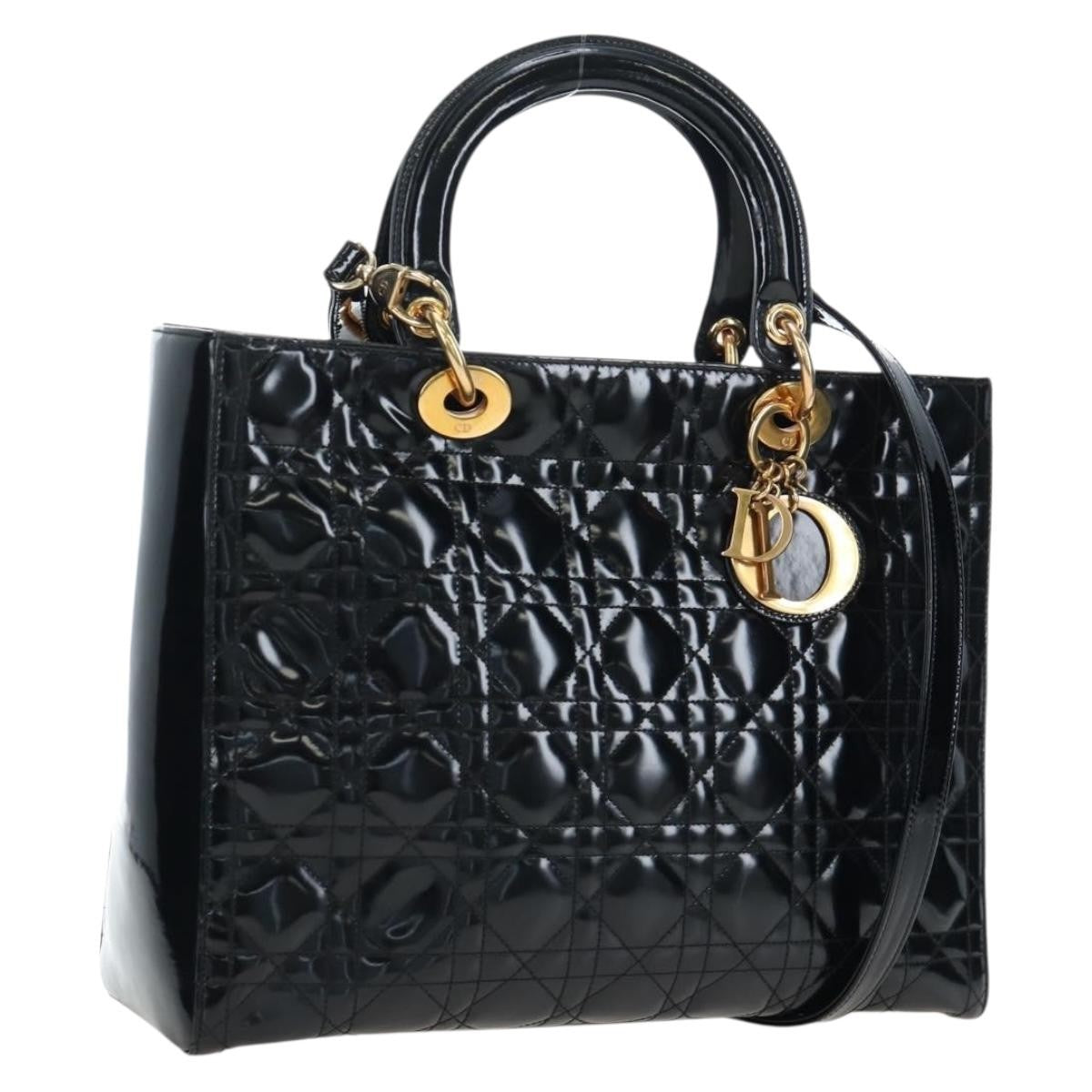 Christian Dior Lady Dior Cannage, Black, Patent Leather, Handbag