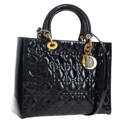 Christian Dior Lady Dior Cannage, Black, Patent Leather, Handbag