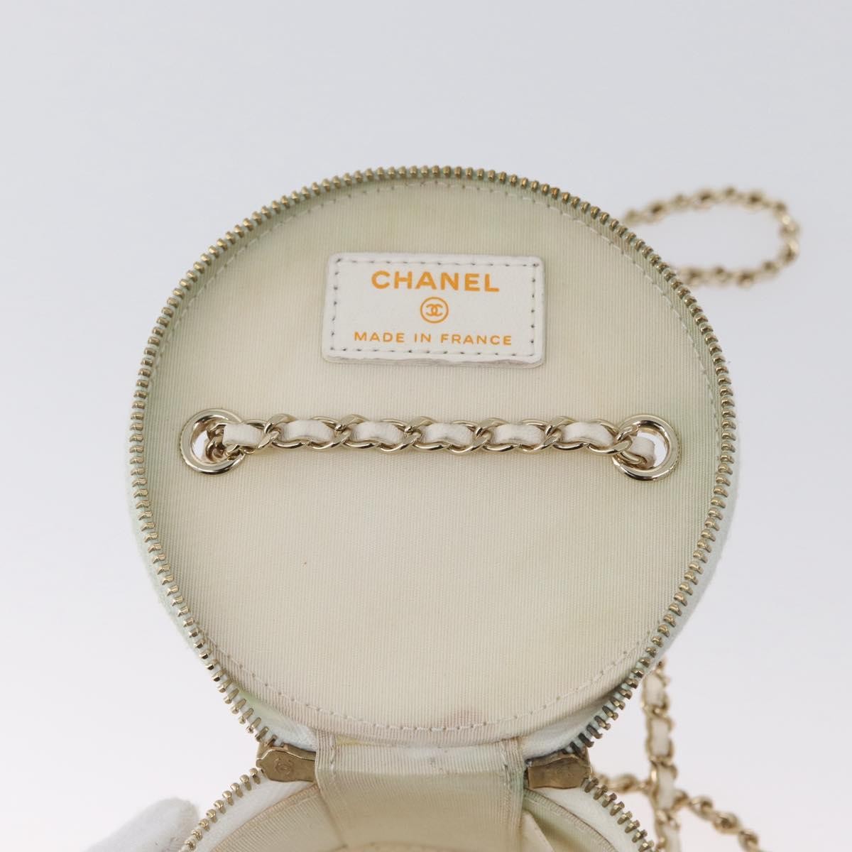 Chanel CC Round Vanity Case with Chain Quilted Lambskin, White, Leather, Clutch