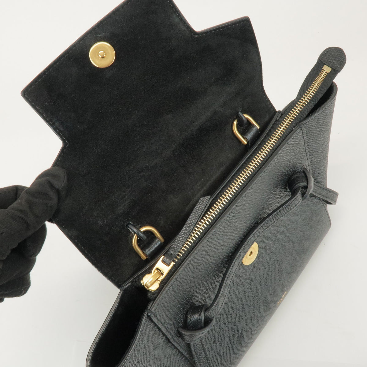 Celine Belt Textured Leather, Black, Leather, Handbag