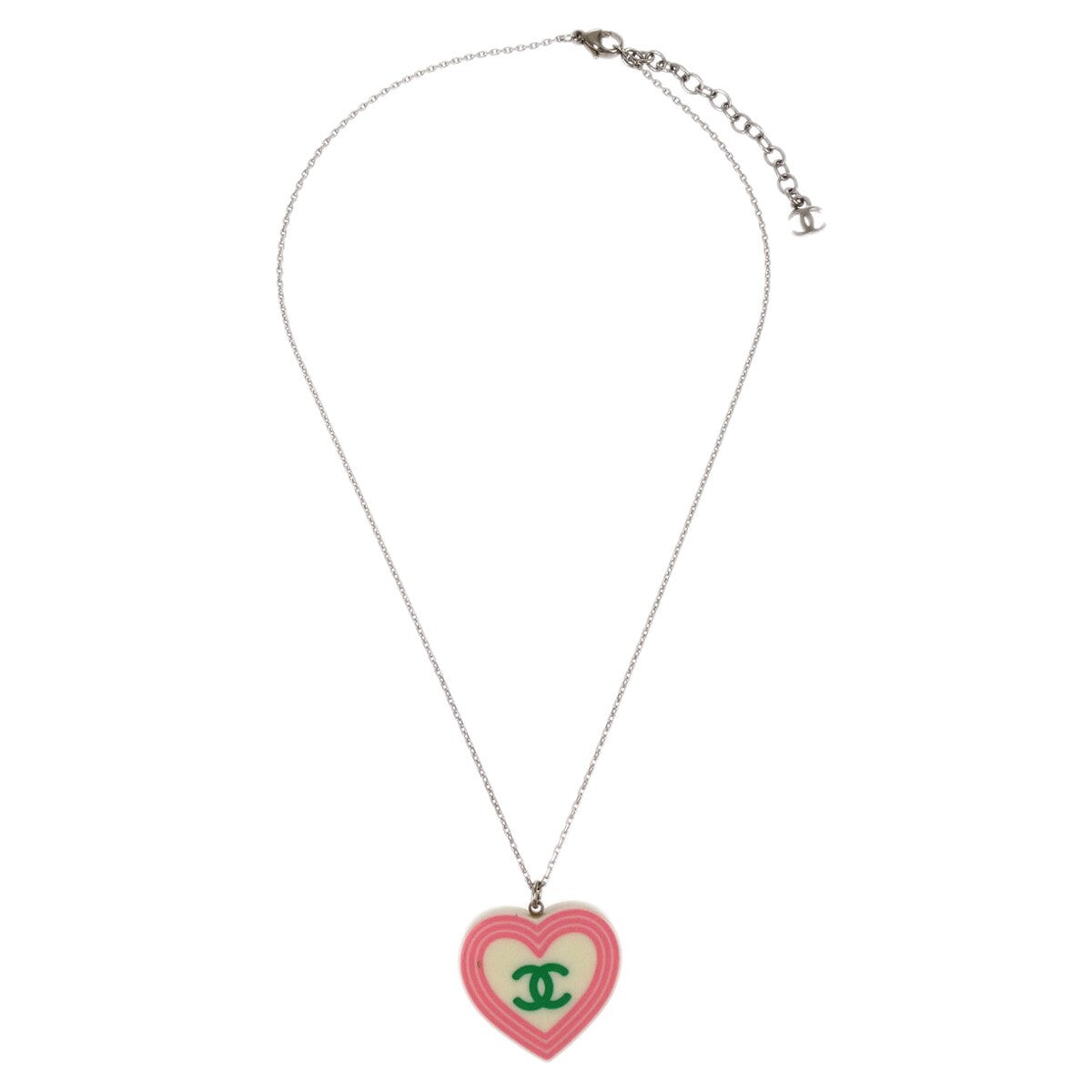 Chanel CC Heart Pendant Metal and Enamel, Silver, Silver Plated, Necklace