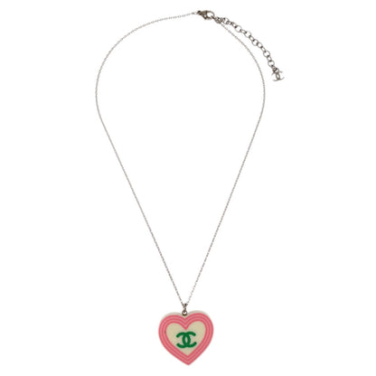 Chanel CC Heart Pendant Metal and Enamel, Silver, Silver Plated, Necklace