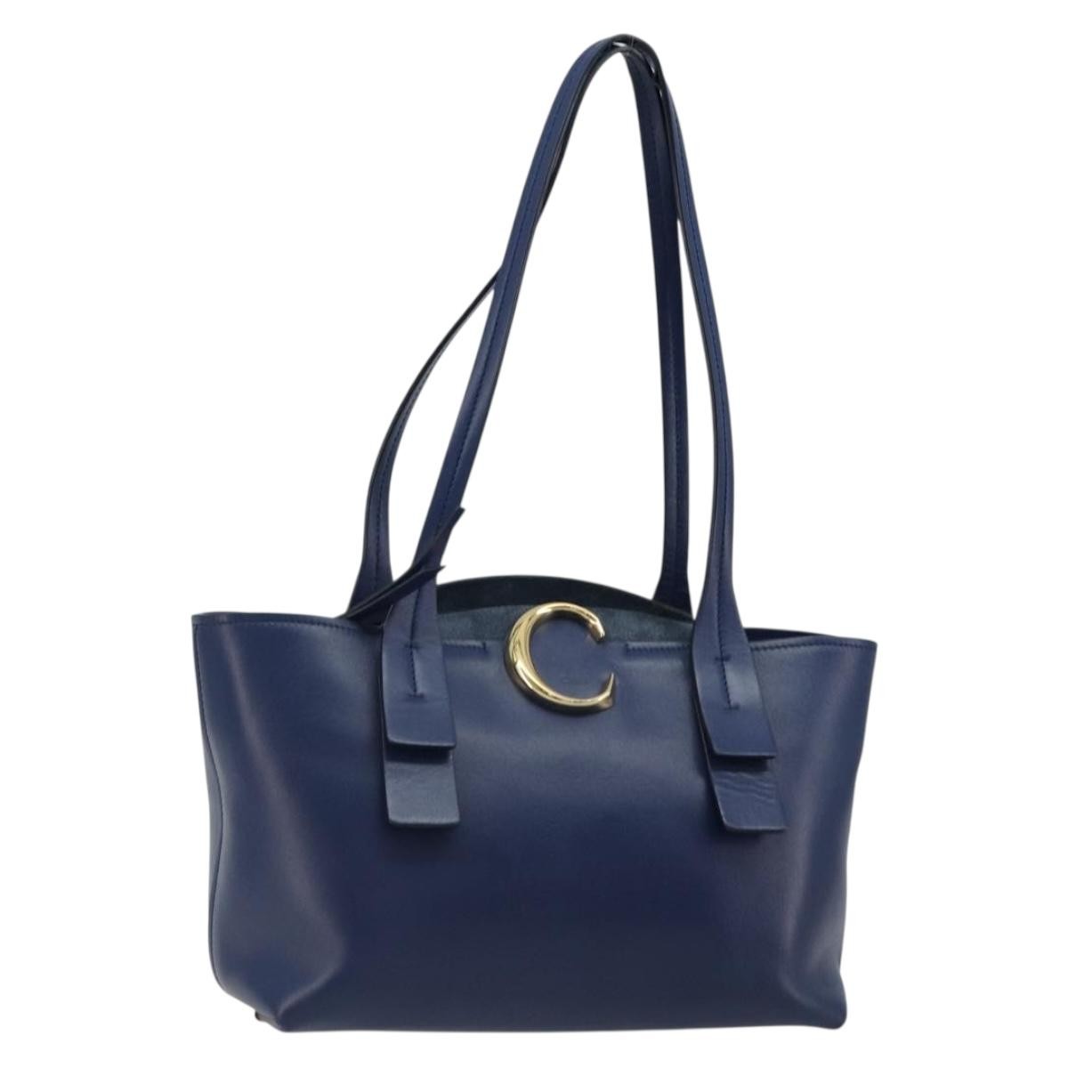 Chloe C Zipped Leather, Blue, Leather, Tote Bag