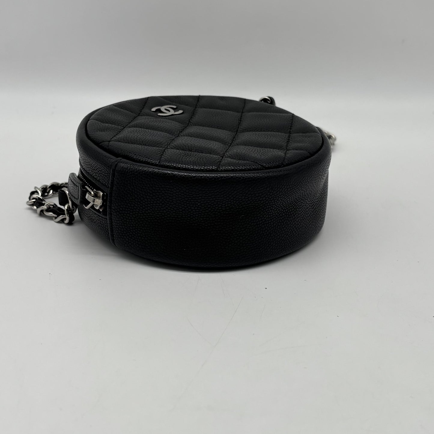 Chanel Handle with Care Round Vanity Case with Chain Quilted Caviar, Black, Calfskin, Clutch