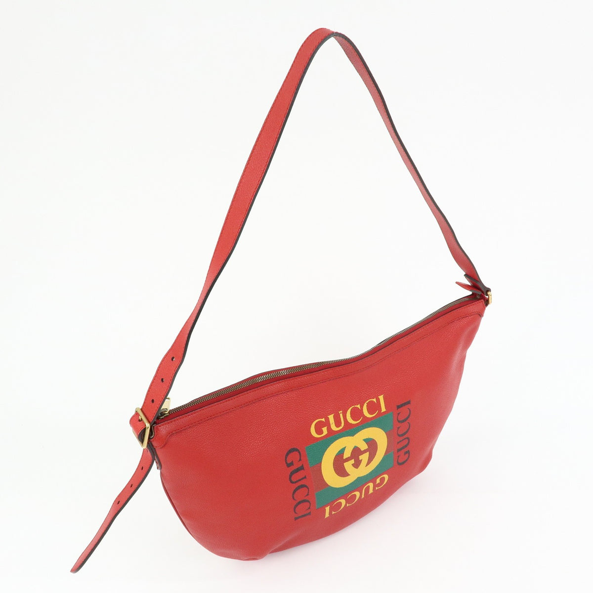 Gucci Logo Half-Moon Hobo Printed Leather, Red, Leather, Shoulder Bag