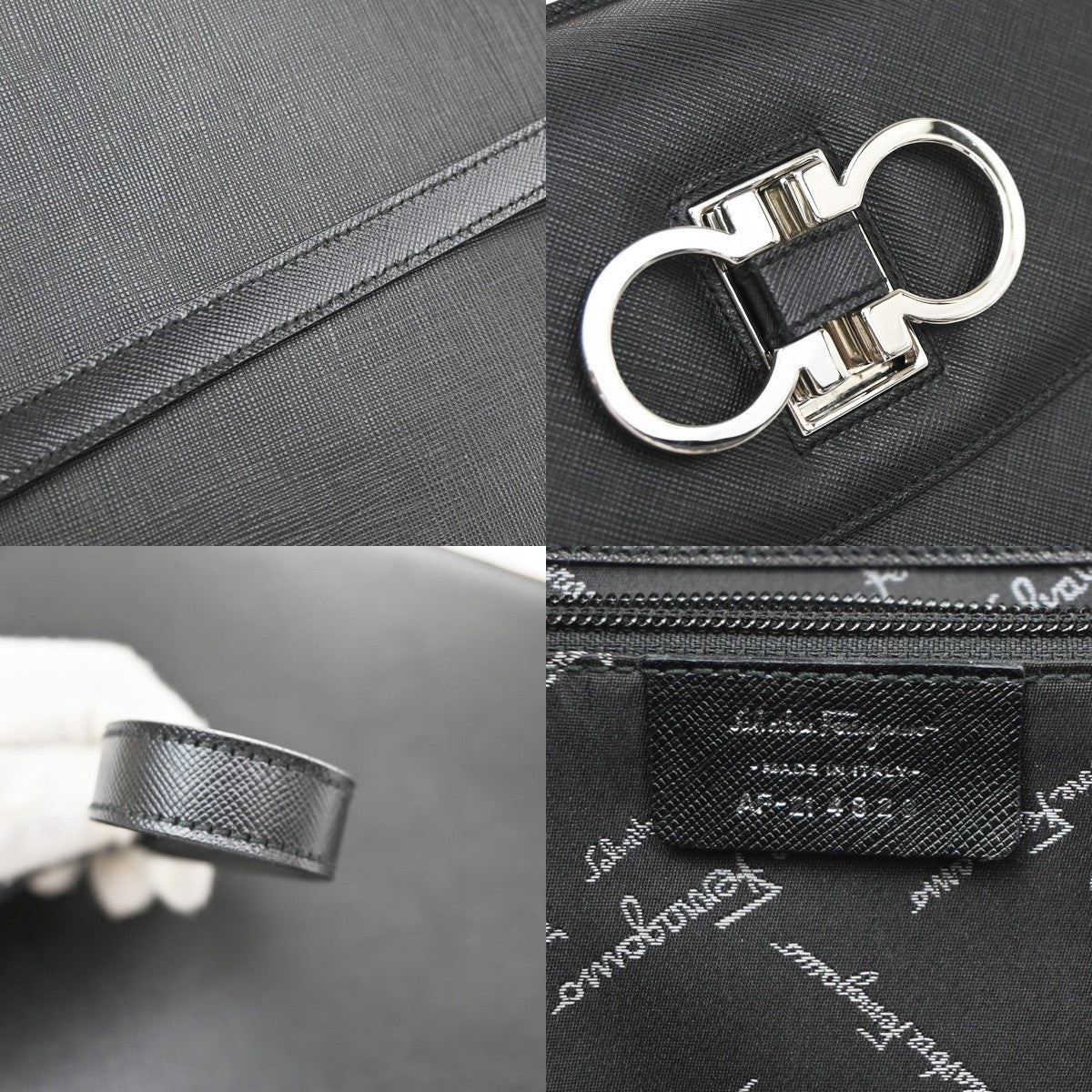 Salvatore Ferragamo Double Gancini Top Handle Saffiano Leather, Black, Leather, Handbag