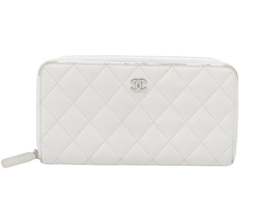Chanel Trifold Flap Wallet Quilted Caviar, White, Leather, Wallet