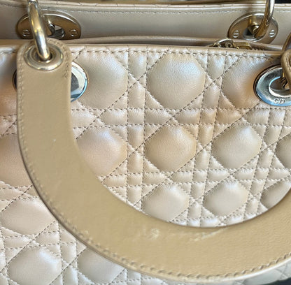 Christian Dior Lady Dior Cannage Quilt Lambskin, Beige, Leather, Handbag