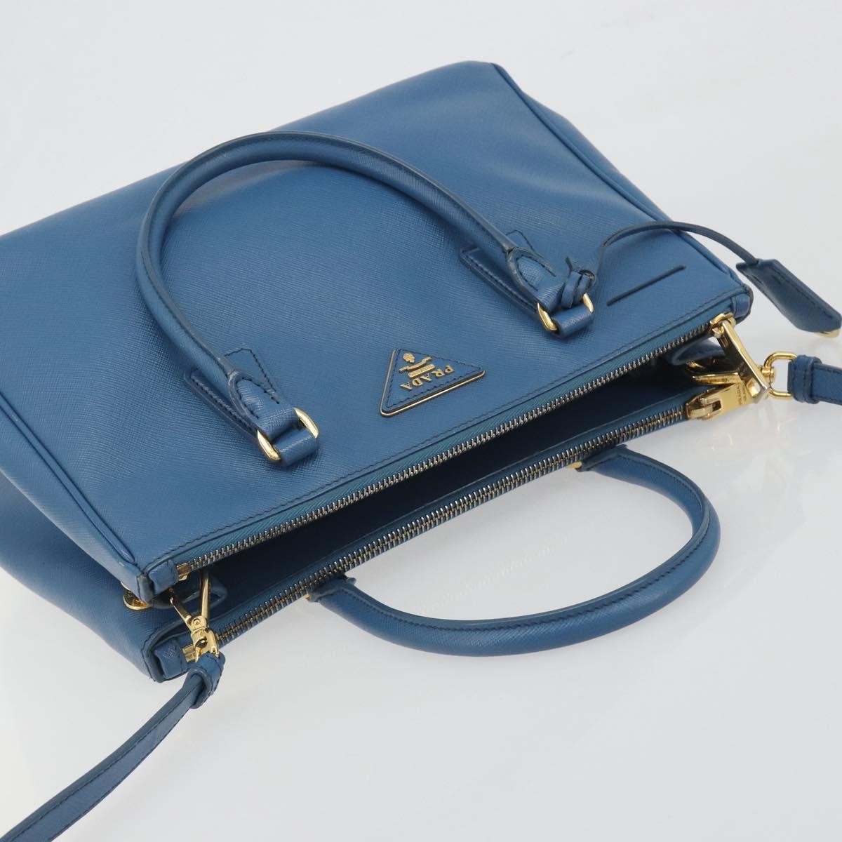 Prada Double Zip Lux Tote Saffiano Leather, Blue, Leather, Handbag