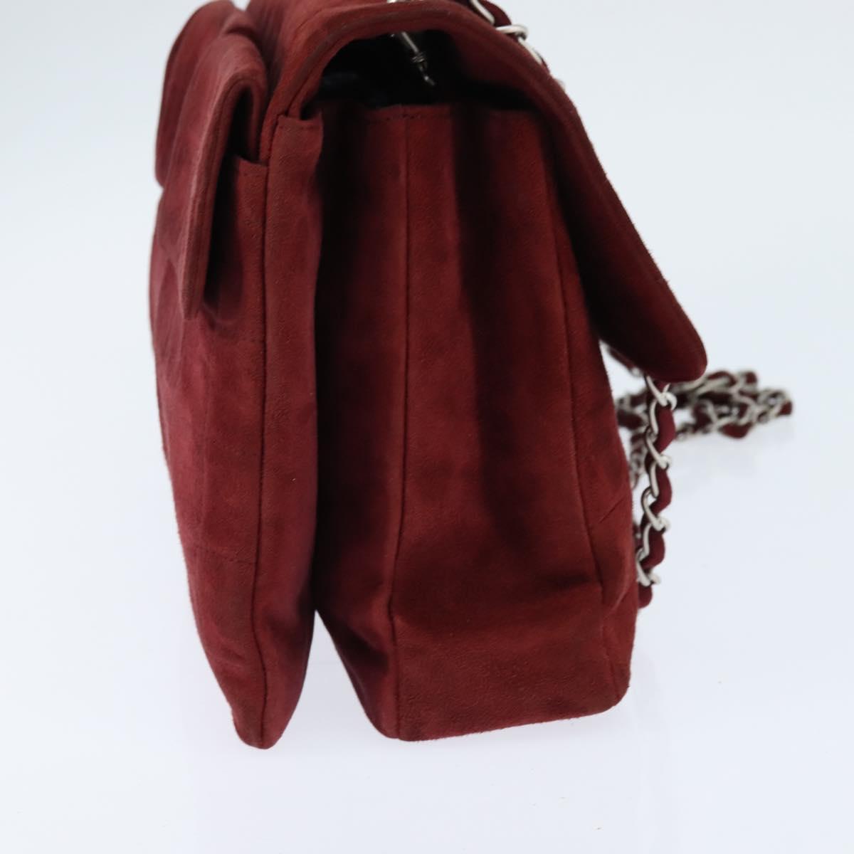 Chanel Chocolate Bar Flap Bag Quilted Satin, RED, SUEDE, Shoulder bag