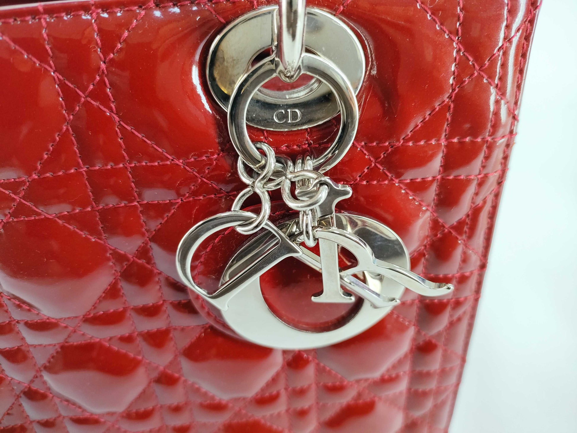 Christian Dior Lady Dior Patent, Red, Patent Leather, Handbag