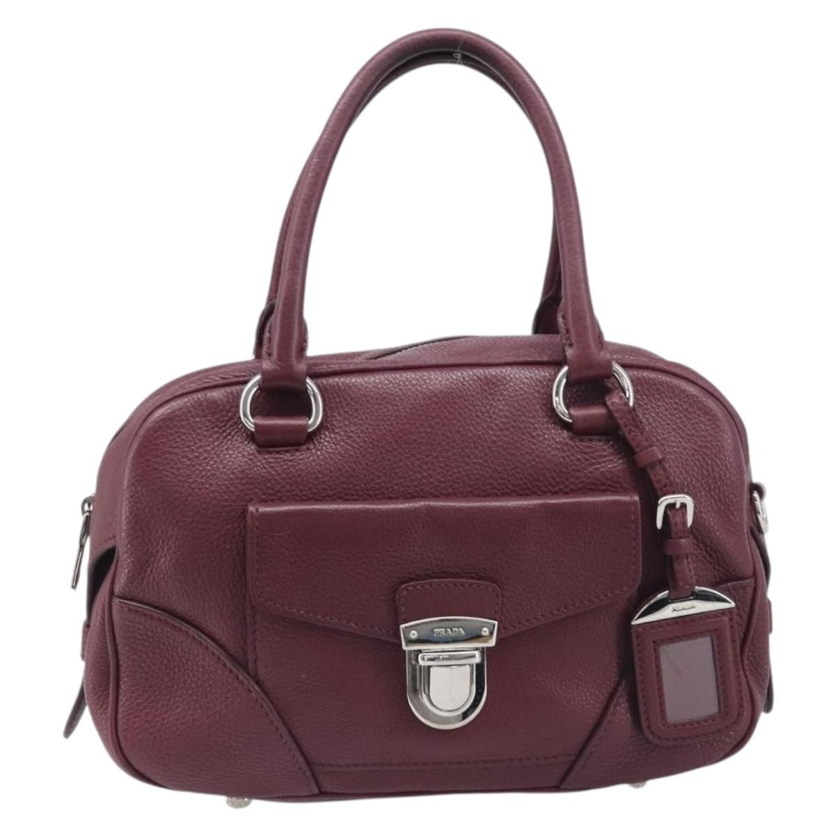 Prada Front Pocket Pushlock Convertible Boston Vitello Daino, Burgundy, Leather, Handbag