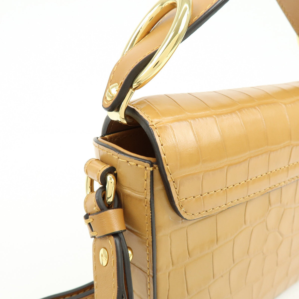Chloe C Flap Crocodile Embossed Leather, Brown, Leather, Handbag