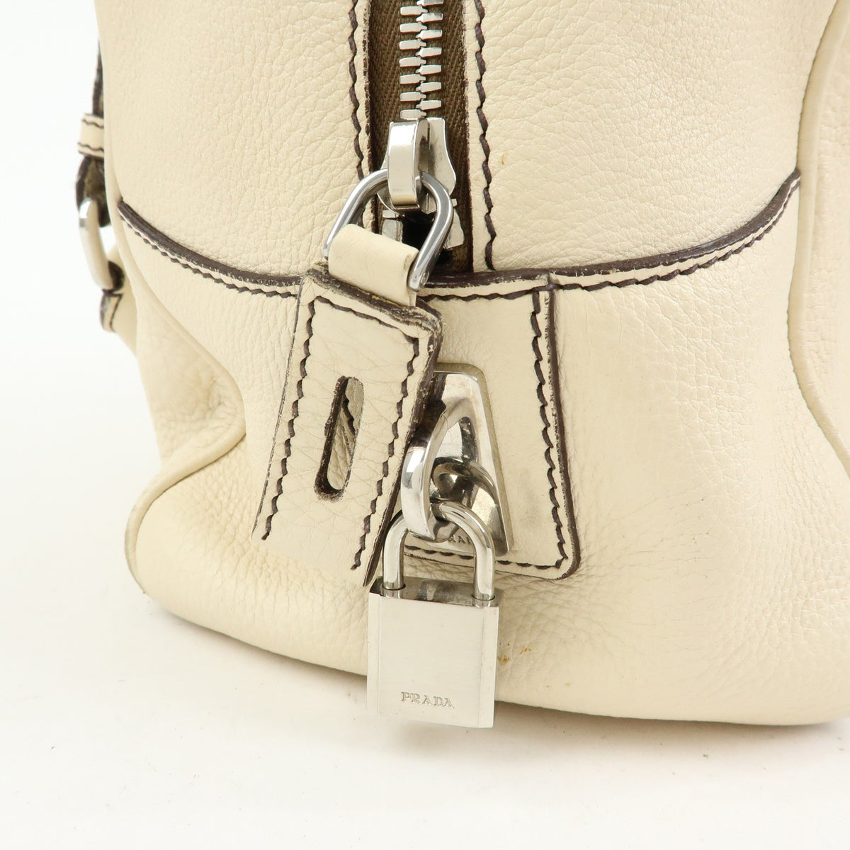 Prada Embossed Logo Bauletto Vitello Daino, Beige, Leather, Handbag
