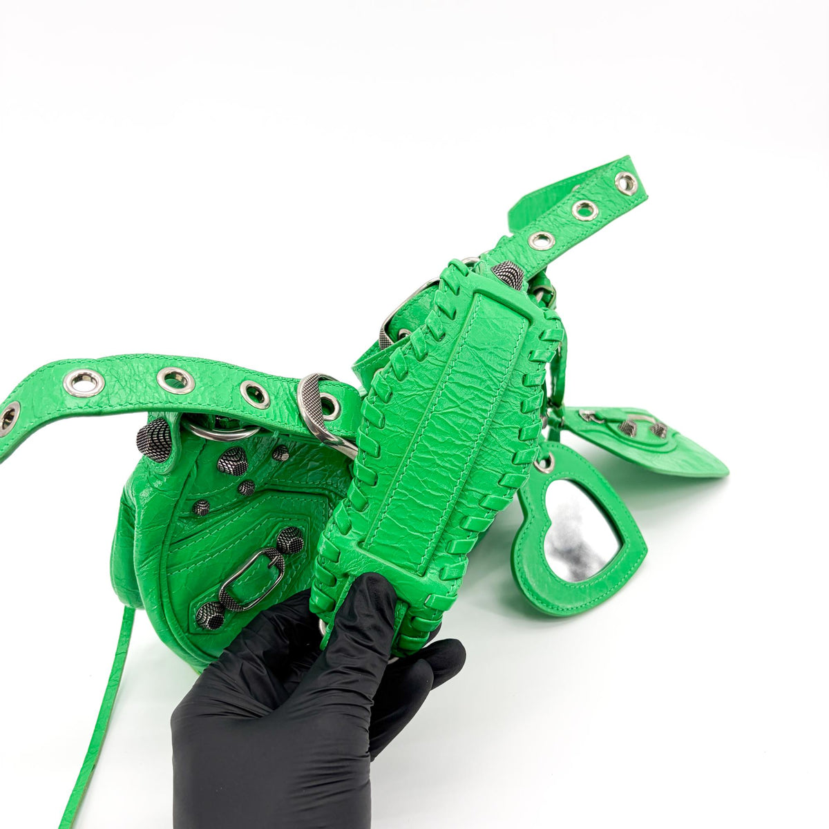 Balenciaga Le Cagole Giant Spikes Leather, Green, Leather, Shoulder Bag