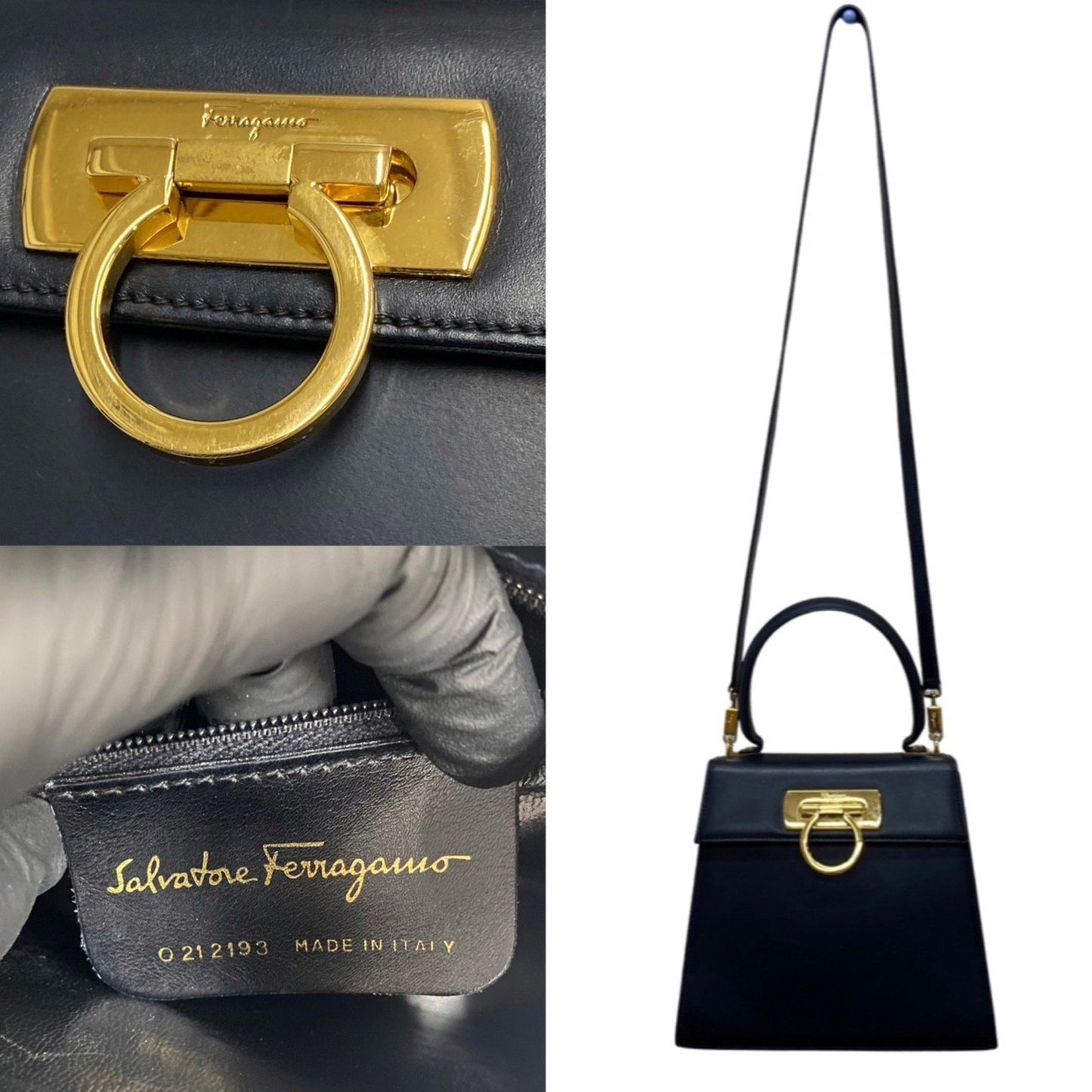 Salvatore Ferragamo Gancini, Black, Leather, handbag