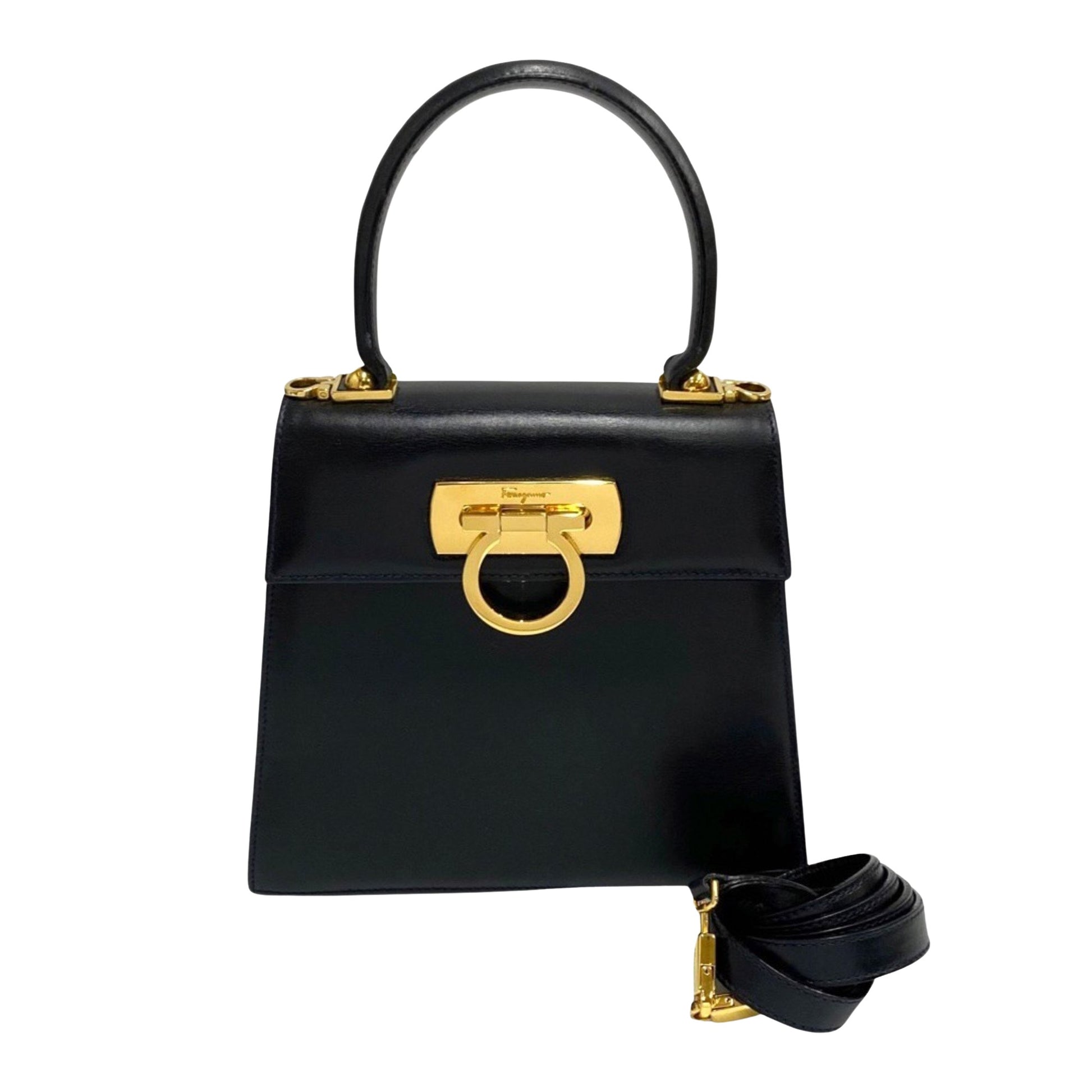 Salvatore Ferragamo Gancini, Black, Leather, handbag