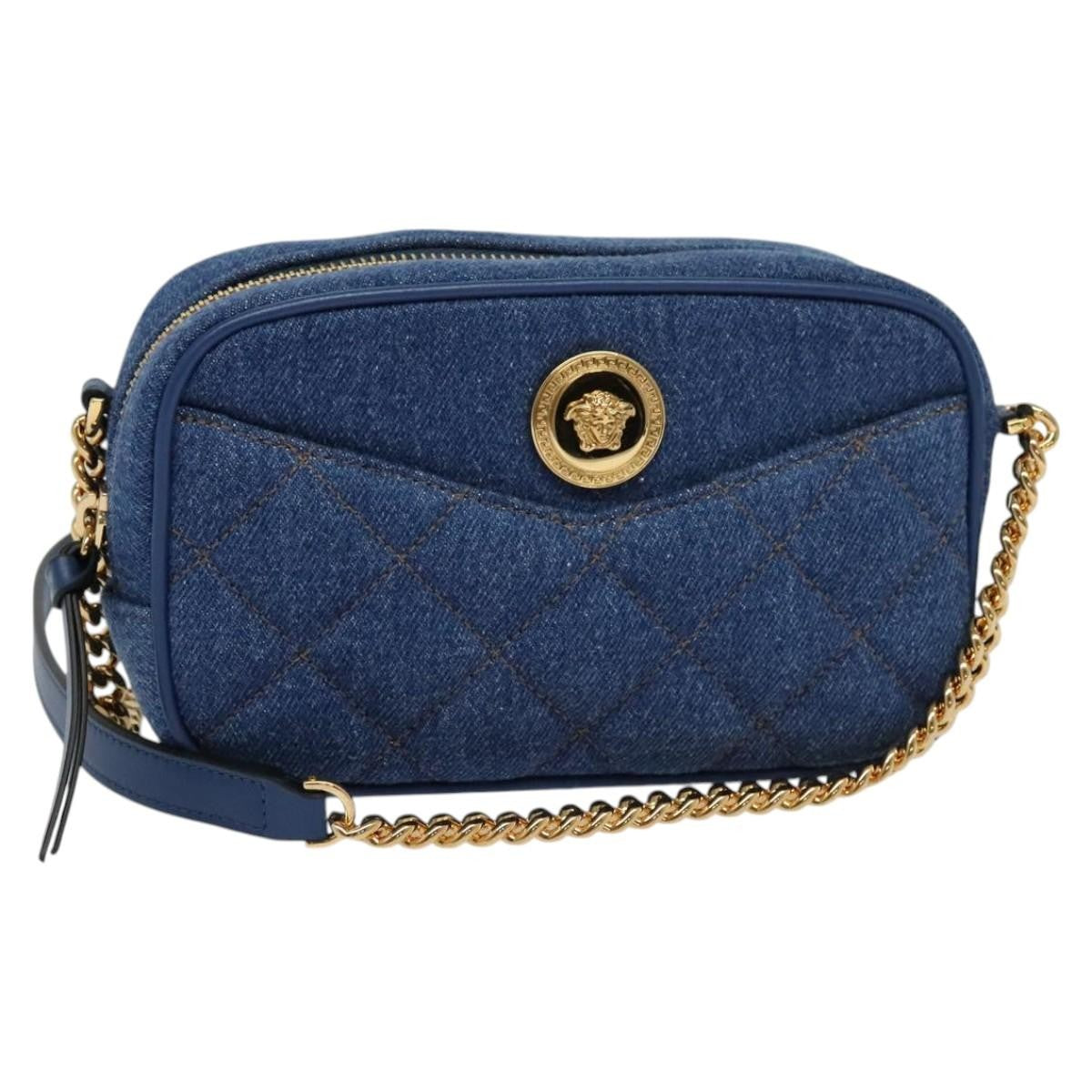 Versace Medusa Icon Front Slip Pocket Camera Quilted Denim, Blue, Canvas, Shoulder Bag