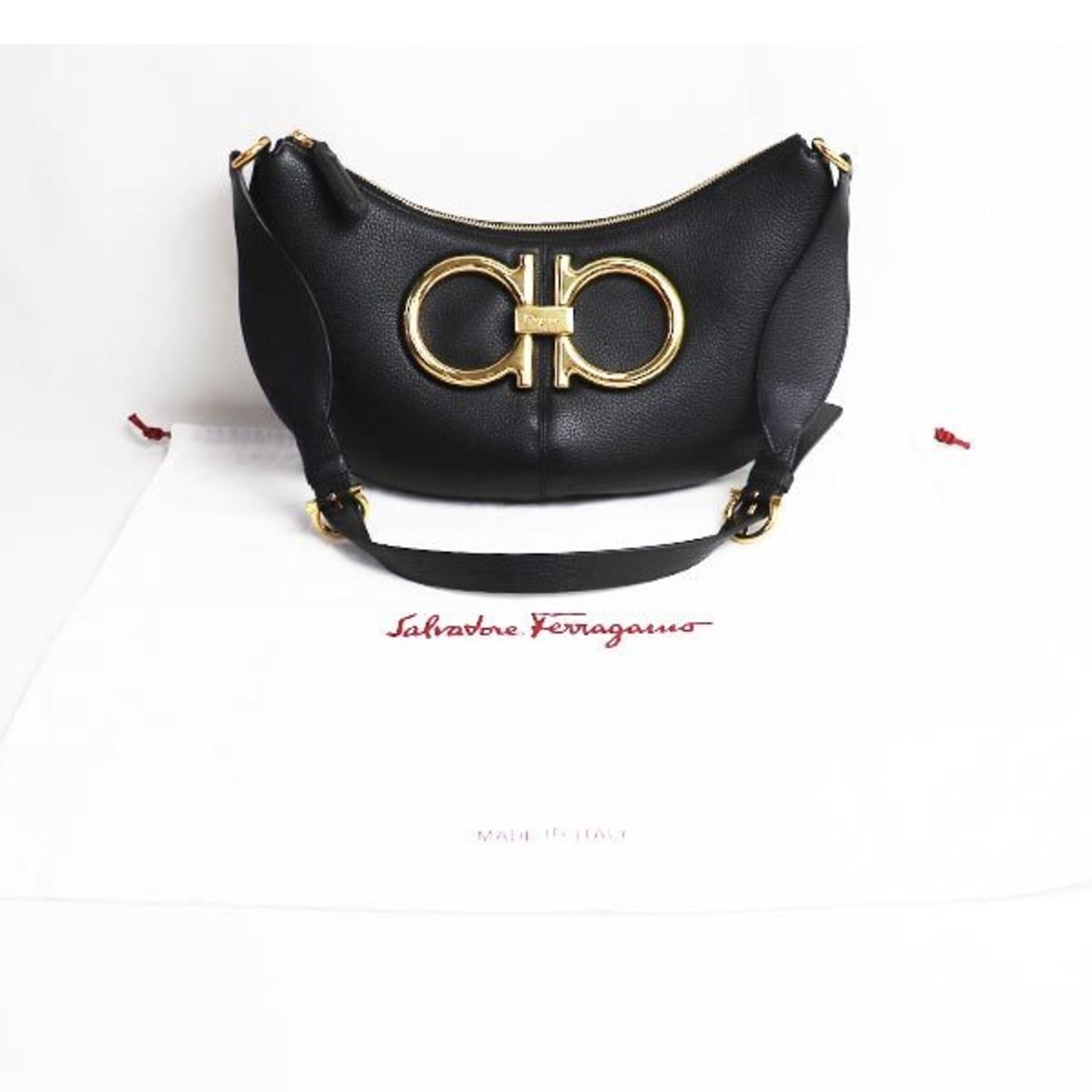 Salvatore Ferragamo Gancini, Black, Leather, shoulder