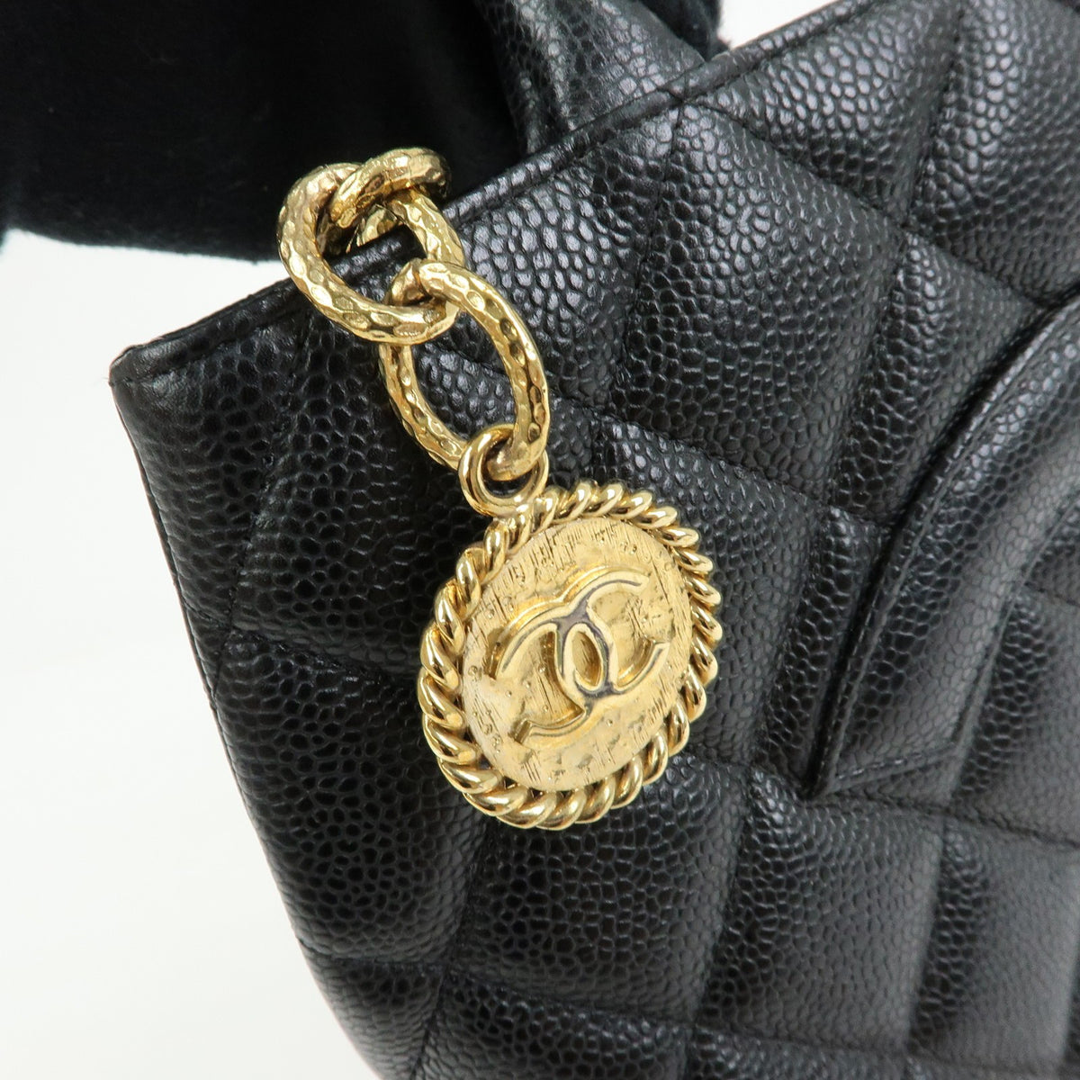 Chanel Medallion Quilted Caviar, Black, Leather, Tote Bag