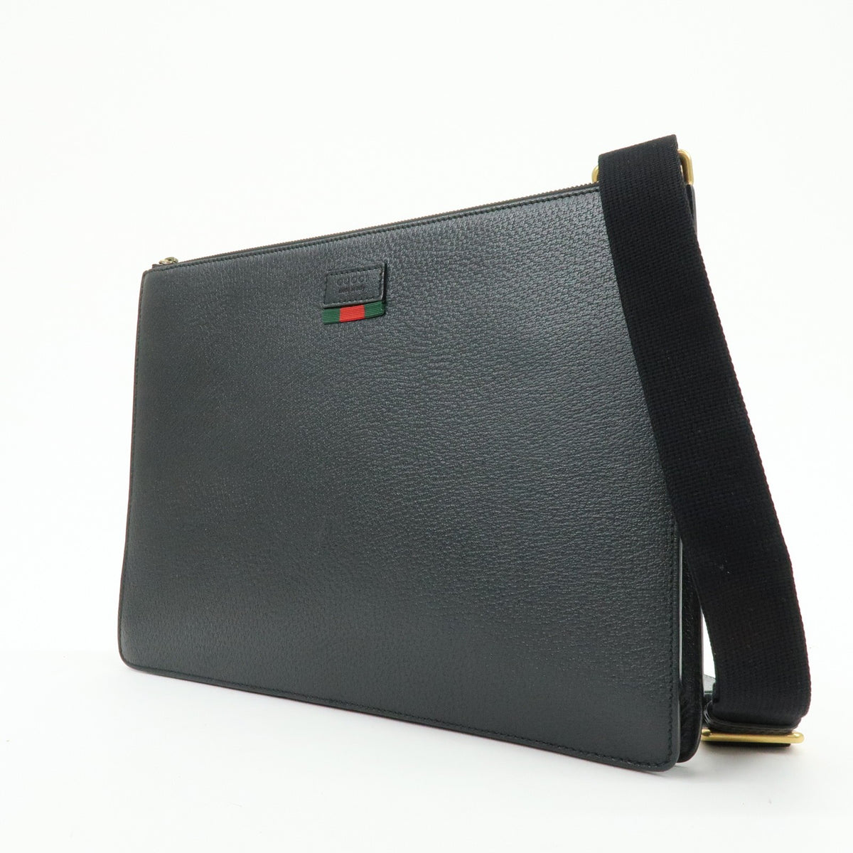 Gucci Web Strap Front Zip Messenger Leather, Black, Leather, Handbag