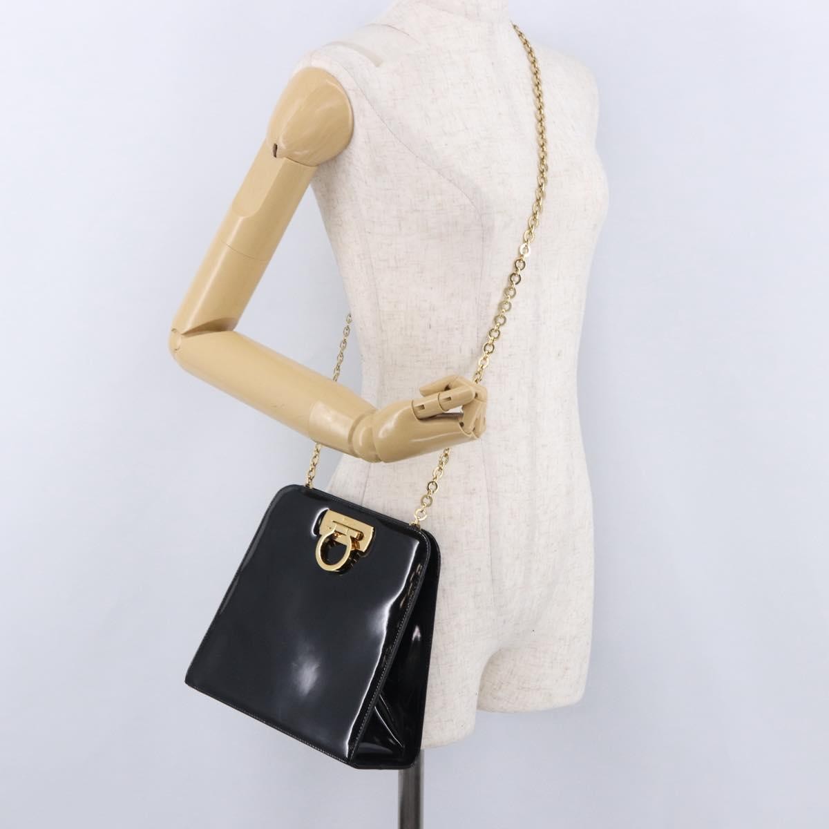 Salvatore Ferragamo Vintage Gancini Chain Patent Leather, Black, Patent Leather, Shoulder Bag