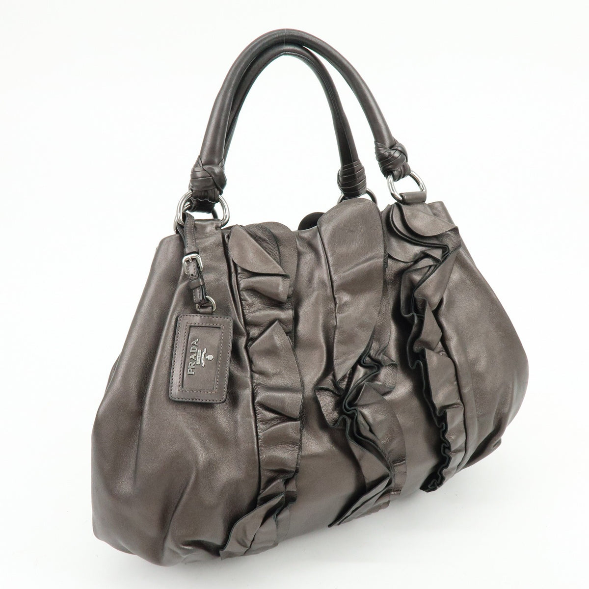 Prada Ruffle Hobo Nappa Leather, Brown, Leather, Shoulder Bag