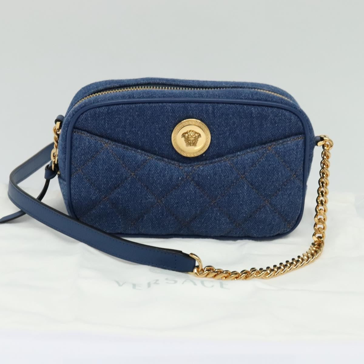 Versace Medusa Icon Front Slip Pocket Camera Quilted Denim, Blue, Canvas, Shoulder Bag