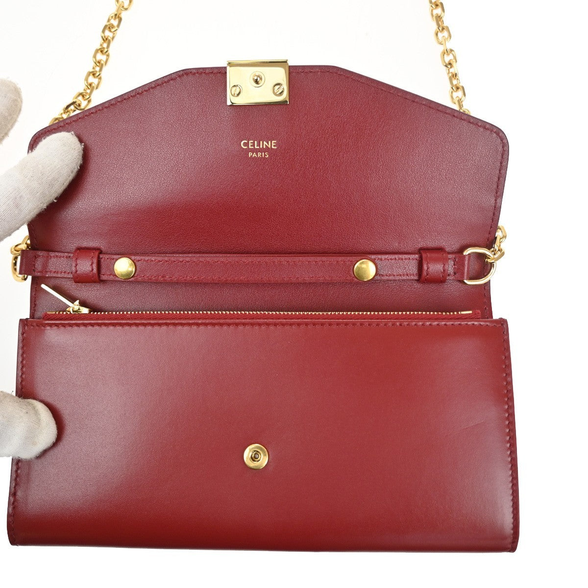 Celine C Wallet on Chain Leather, Black, Leather, Clutch