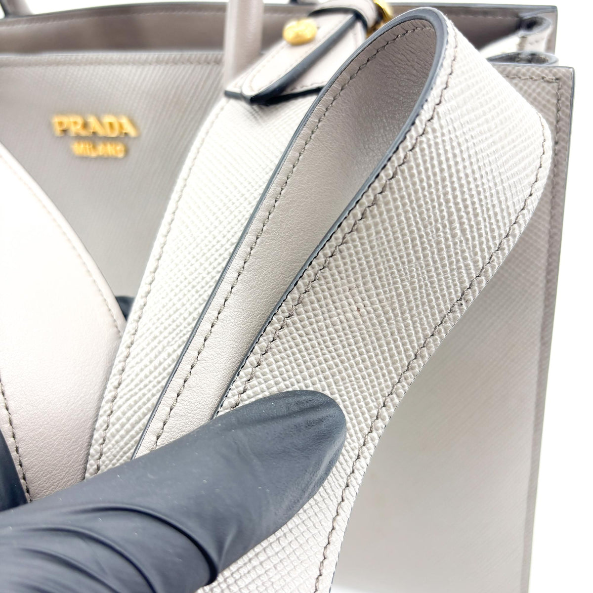 Prada Side Pleat Saffiano Leather, Gray, Leather, Tote Bag