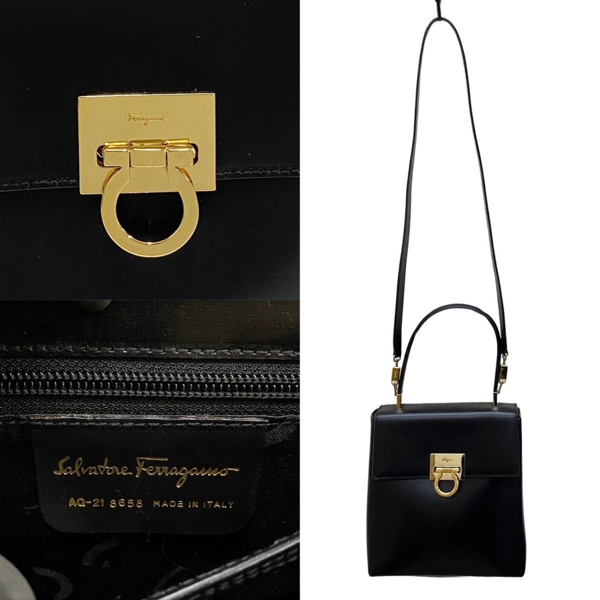 Salvatore Ferragamo Gancini, Black, Leather, handbag