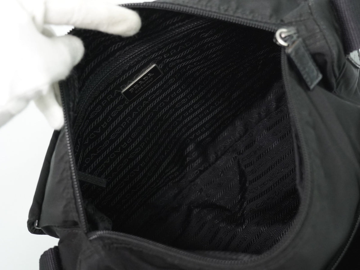 Prada Zip Buckle Messenger Tessuto, Black, Nylon, Shoulder Bag