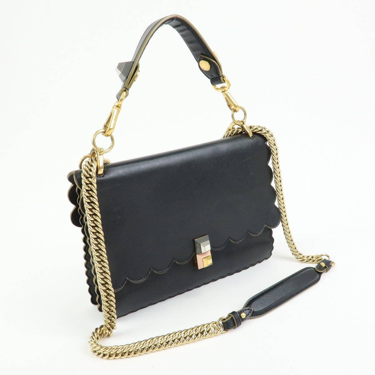 Fendi Kan I Leather, Black, Leather, Shoulder Bag