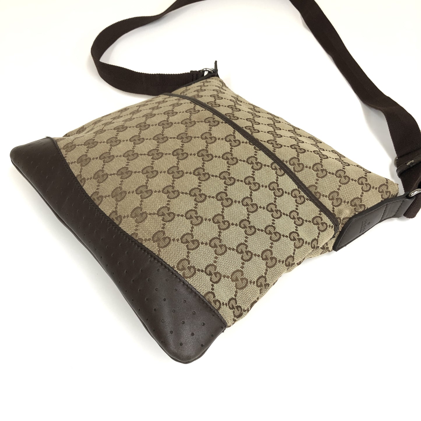 Gucci Zip Messenger GG Canvas with Perforated Leather, Beige, Canvas, Shoulder Bag