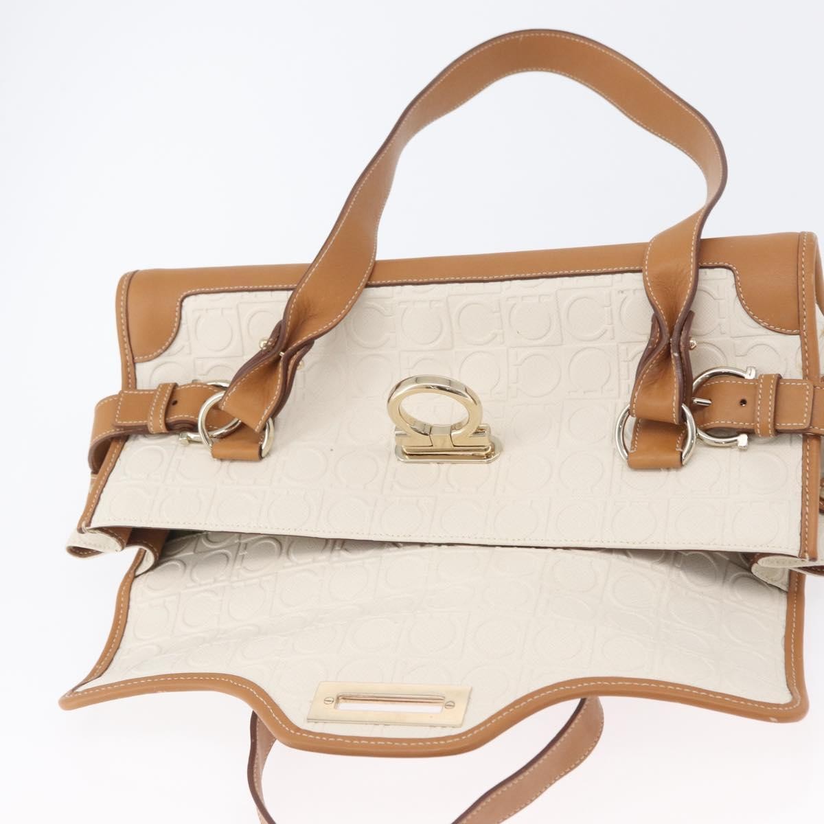 Salvatore Ferragamo Gancini Top Handle Canvas, White, PVC, Handbag