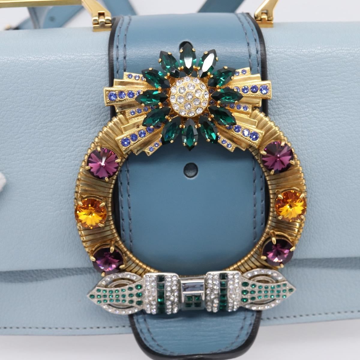 Miu Miu Madras Crystal Buckle Leather, Blue, Leather, Shoulder Bag