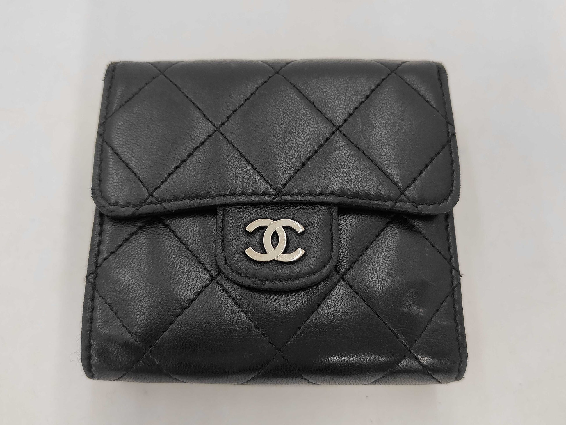 Chanel Trifold Flap Lambskin, Black, Leather, Wallet
