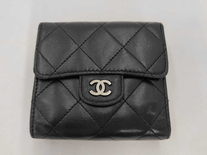 Chanel Trifold Flap Lambskin, Black, Leather, Wallet