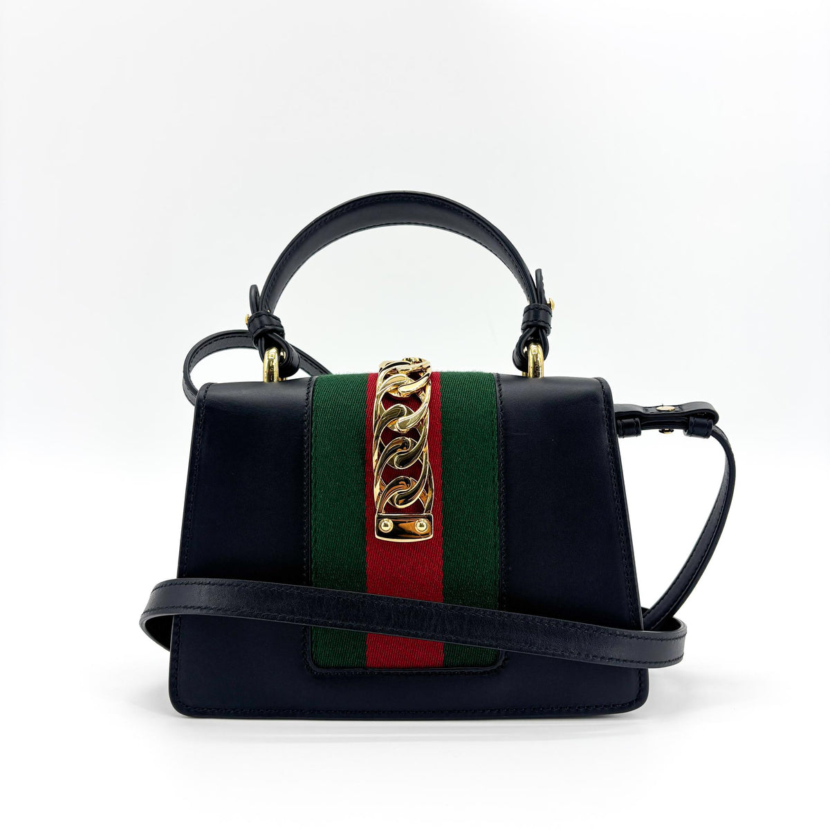Gucci Sylvie Top Handle Leather, Black, Leather, Handbag