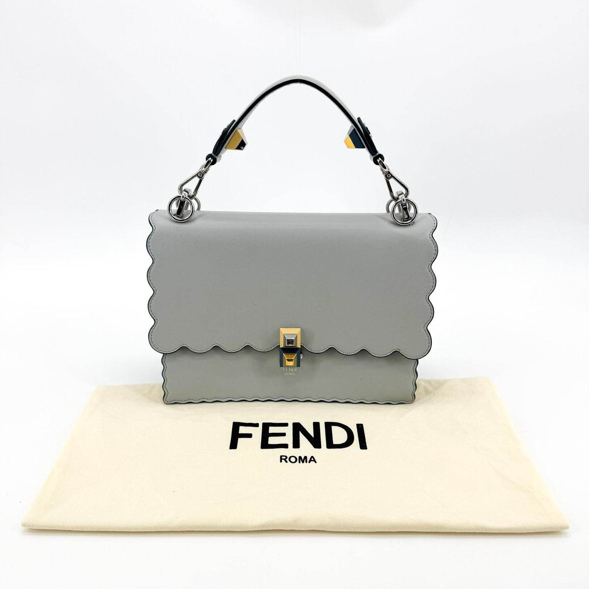 Fendi Kan I Leather, Gray, Leather, Handbag