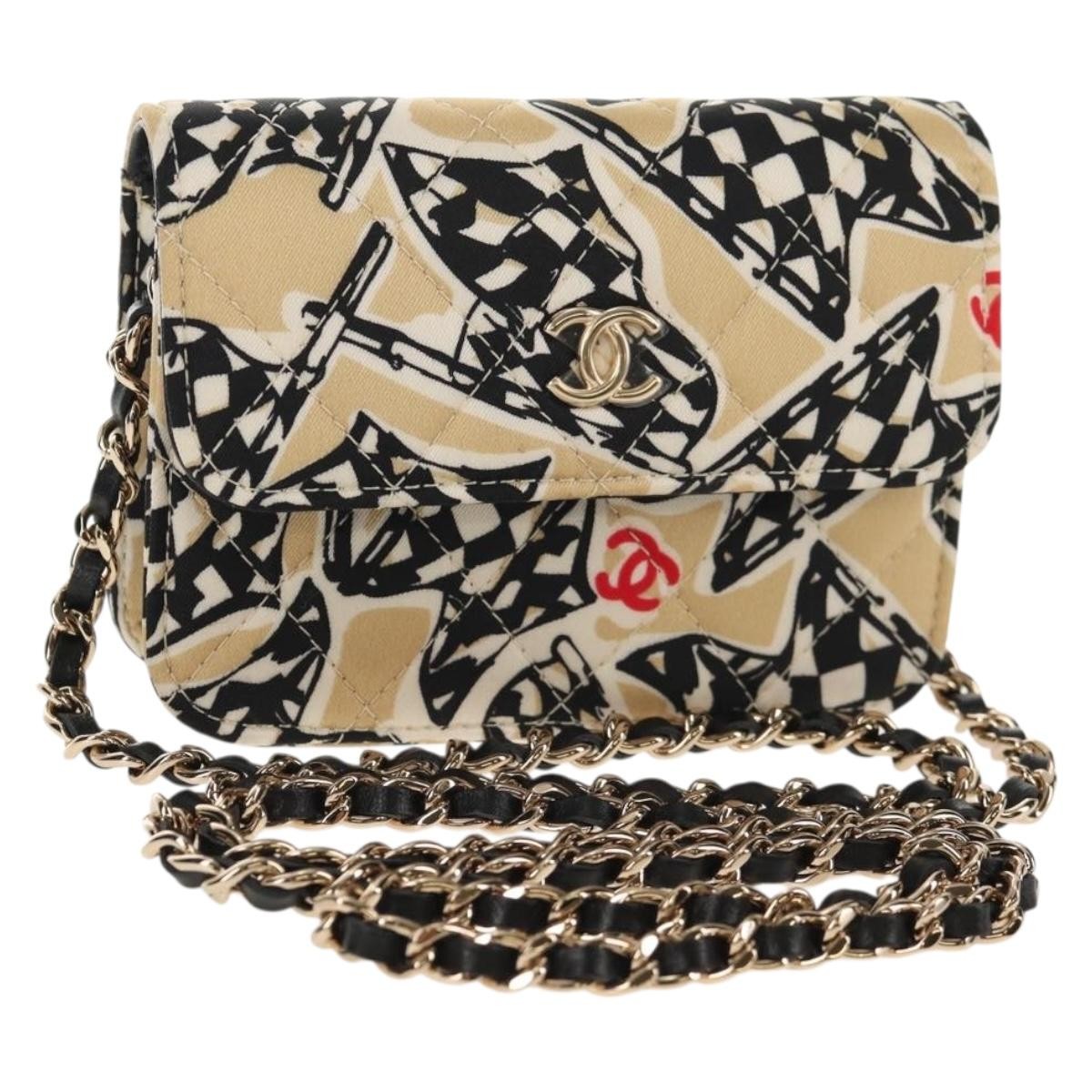 Chanel Flap Card Holder on Chain Quilted Printed Canvas, Beige, Satin, Shoulder Bag