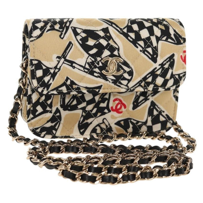 Chanel Flap Card Holder on Chain Quilted Printed Canvas, Beige, Satin, Shoulder Bag