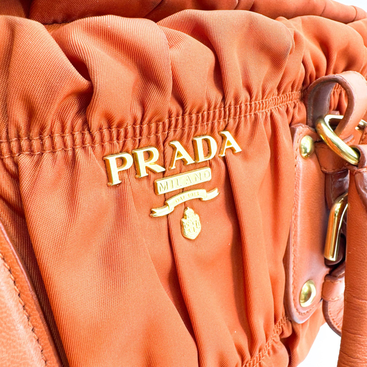Prada Gaufre Convertible Satchel Leather and Tessuto, Orange, Nylon, Handbag