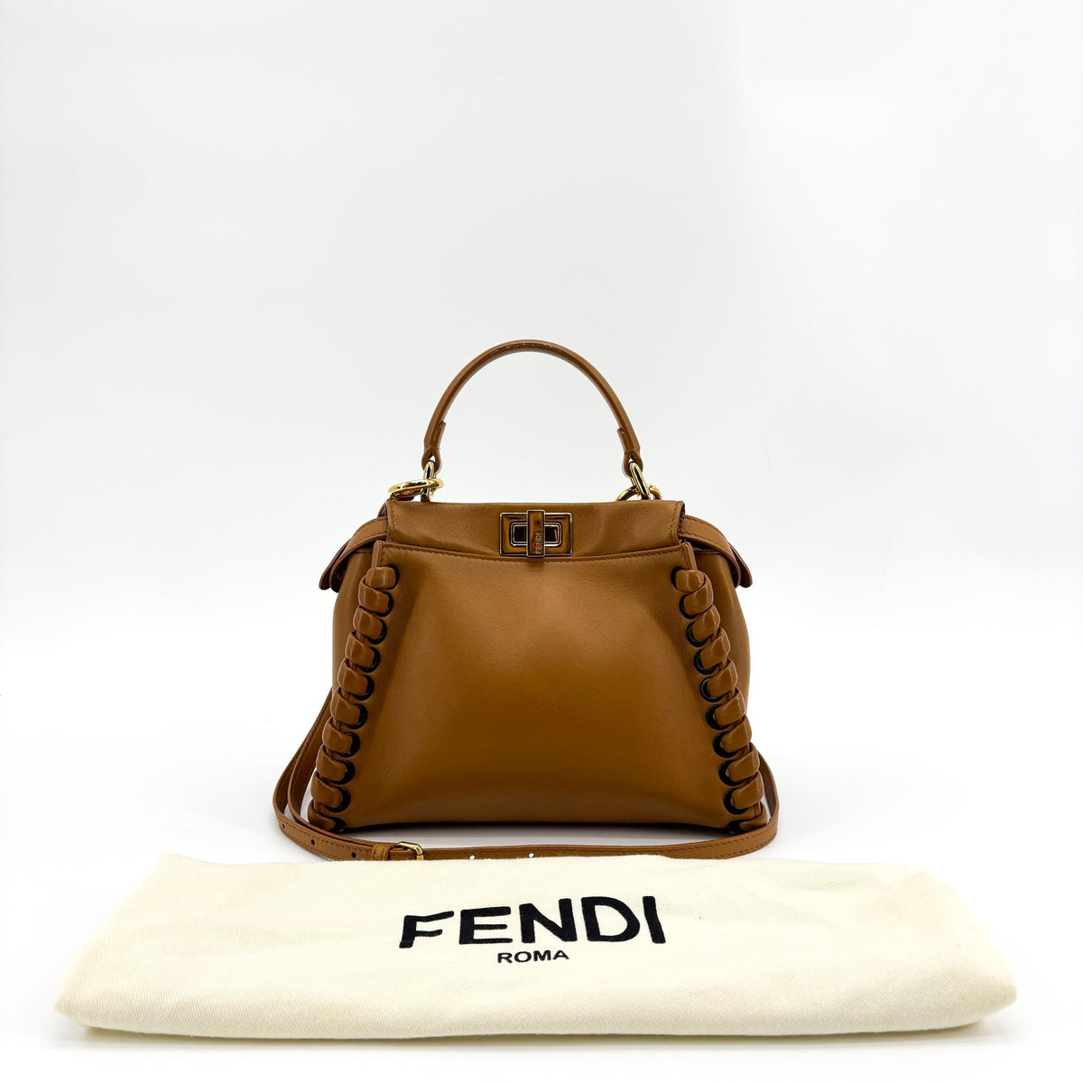 Fendi Peekaboo Whipstitch Leather, Brown, Leather, Handbag