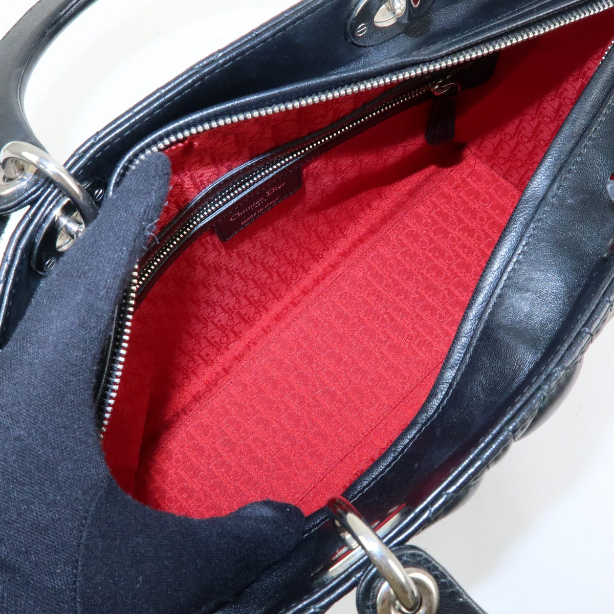 Christian Dior Lady Dior Cannage Quilt Lambskin, Black, Leather, Handbag