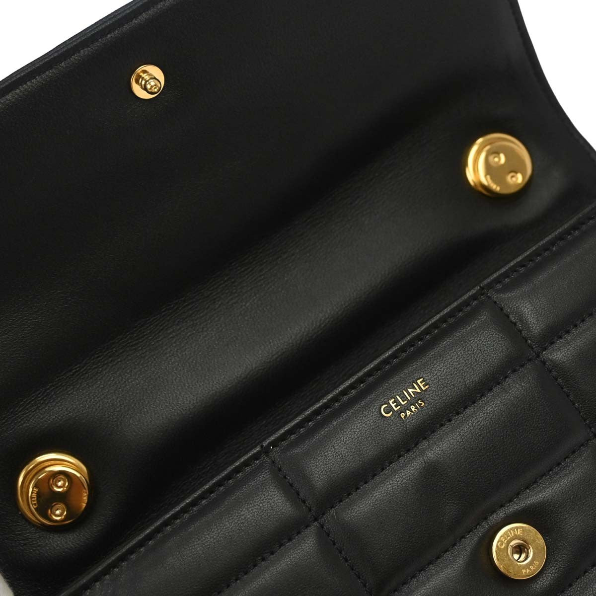 Celine Logo Chain Flap Quilted Goatskin, Black, Leather, Shoulder Bag