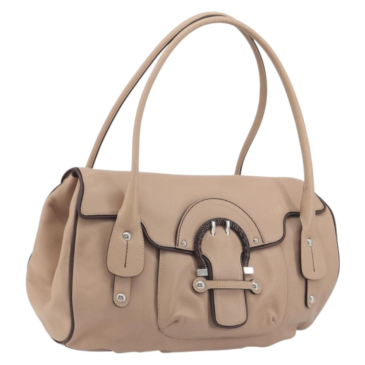 Salvatore Ferragamo Gancini Leather, Beige, Leather, Crossbody Bag
