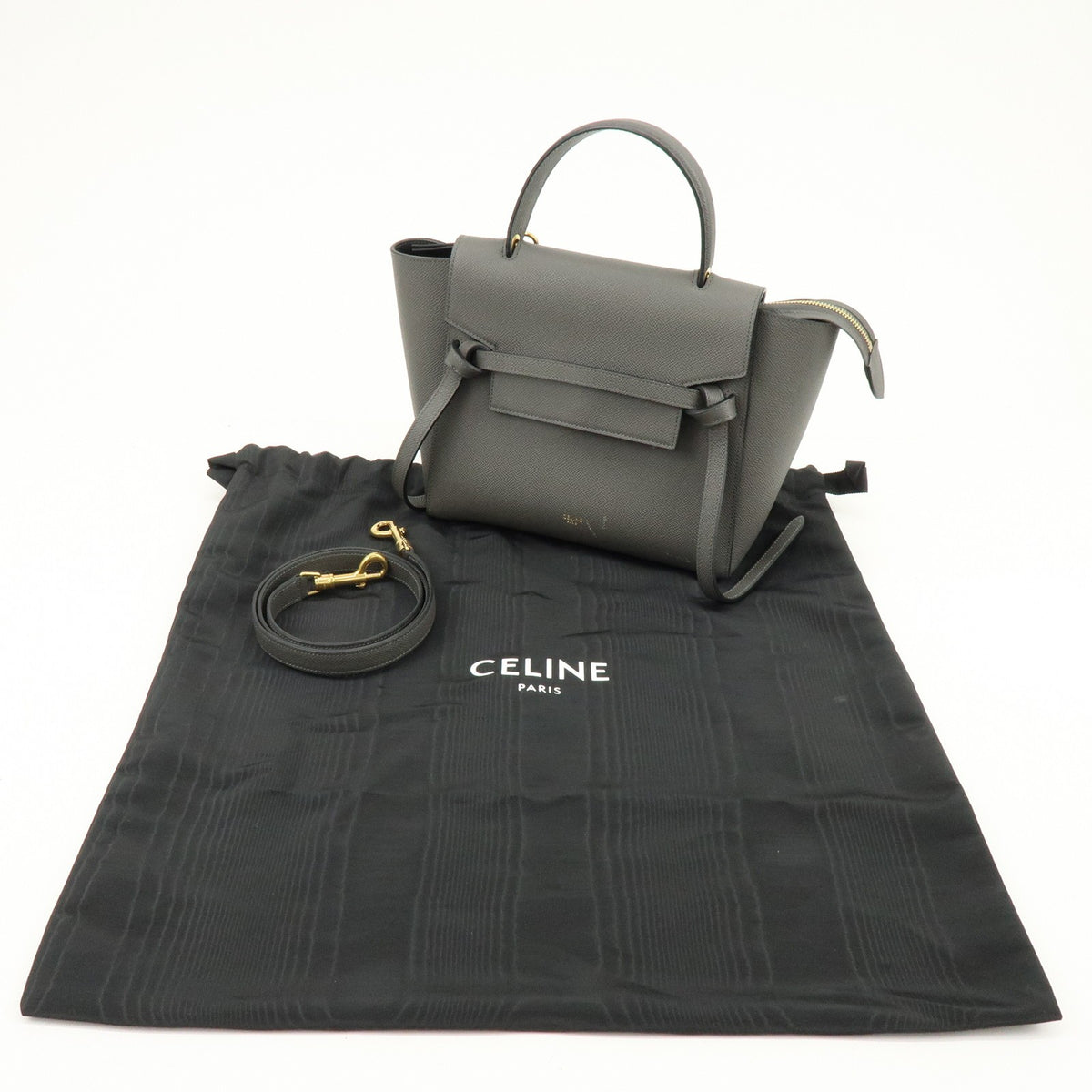 Celine Belt Textured Leather, Gray, Leather, Handbag