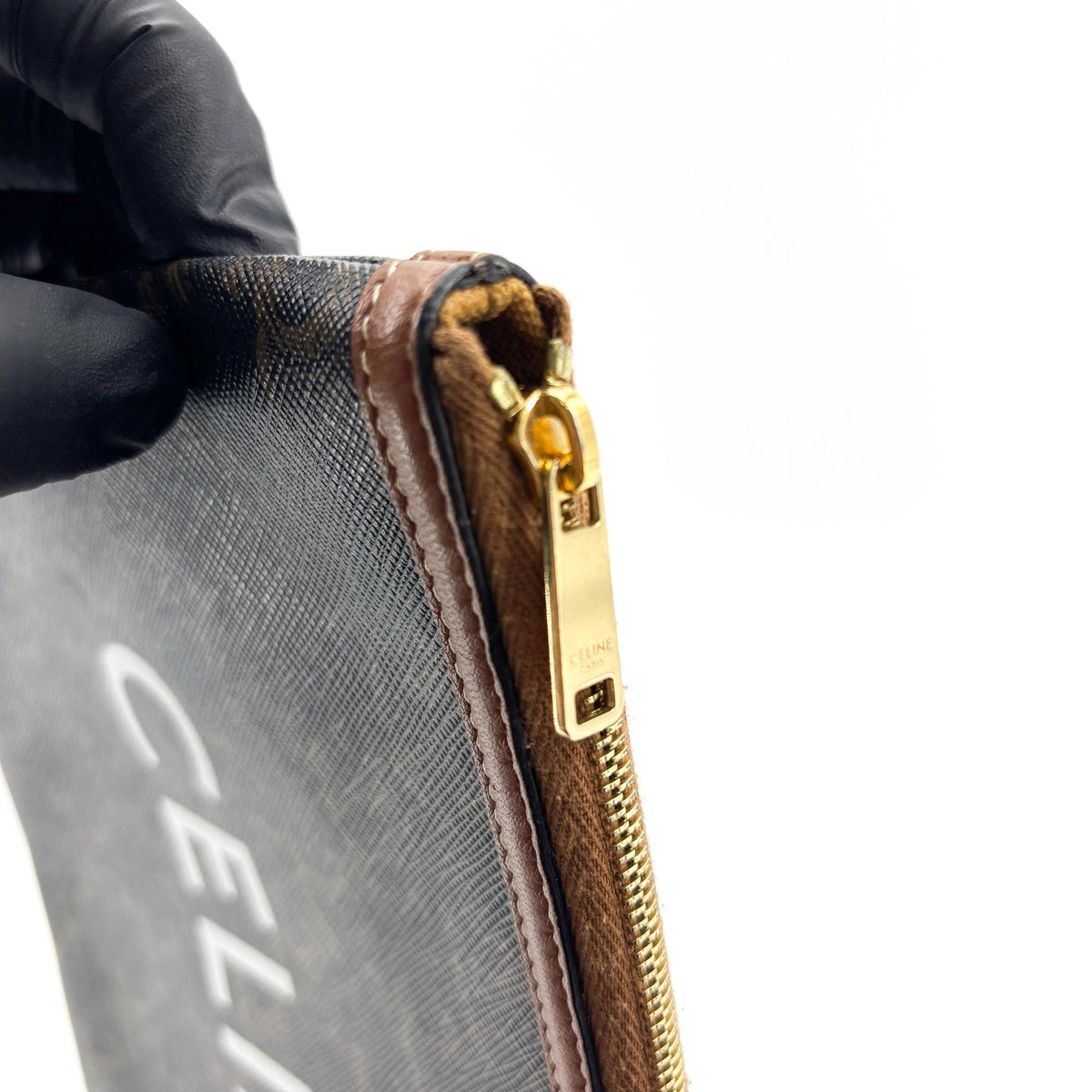 Celine Zip Triomphe Coated Canvas, Black, Canvas, Clutch